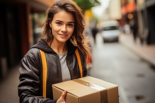 Delivery woman delivering cardboard box