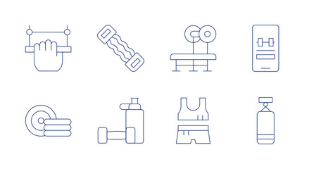 Fitness icons. editable stroke. Containing pull up, expander, dumbbells, phone, weights, fitness, punching bag.