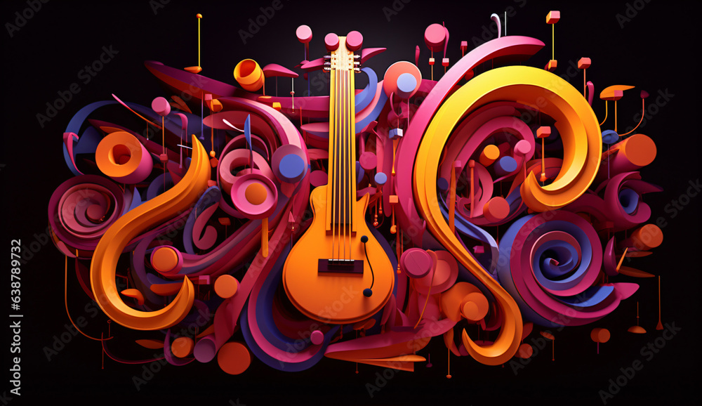 Wall mural modern multicolor music background with abstract structure and musical notes, futuristic and surreal