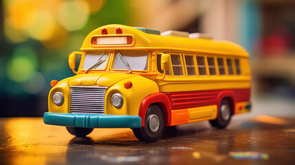 Closeup yellow school bus toy - obrazy, fototapety, plakaty