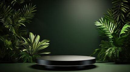 Podium mockup display for product presentation with tropical palm leaves Botanical product backdrop
