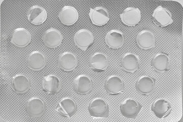 Silver used pills blister pack. Top view food supplements empty packaging. Medicine shortage concept. Running out of drugs. 