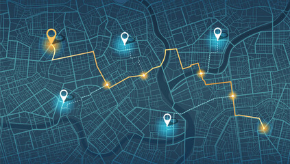 Location tracks dashboard. City street road. City streets and blocks, route distance data, path turns and destination tag or mark. Huge city top view. ector, illustration. Abstract background. - obrazy, fototapety, plakaty