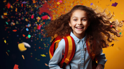 Happy girl 10-year-old with school schoolbag on colorful background