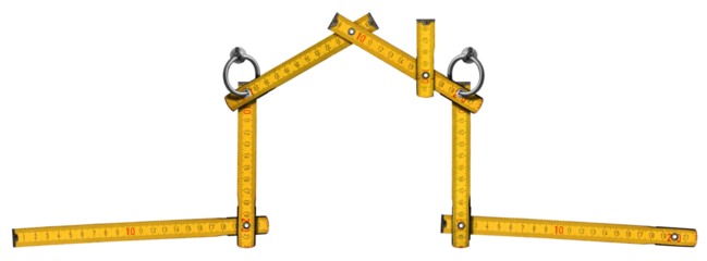 Orange and yellow wooden folding ruler in the shape of a house with steel rings for hanging. Isolated on white or transparent background. Photography. Png.