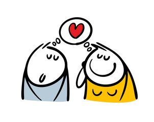 Cartoon couple in love, a man and a woman have closed their eyes and dreaming of heart. Vector illustration of boyfriend and girlfriend meeting.