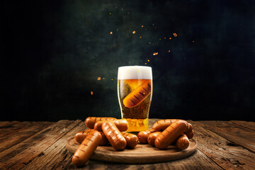 Glass with delicious, foamy, chill lager beer with grilled sausages on wooden table over dark...