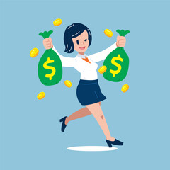 Fototapeta premium Vector cartoon businesswoman holding money bags for design.