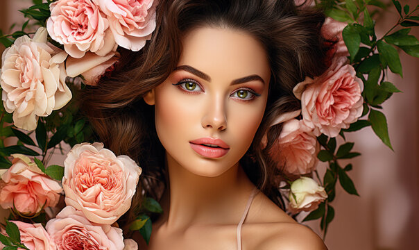 Sensuality and Charm, Close Up of Pretty Woman with Flowers