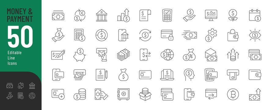 Money and Payment Line Editable Icons set. Vector illustration in modern thin line style of money and finance operations: currency exchange, savings, operations with bank cards. Isolated on white