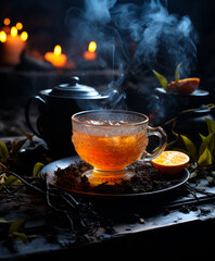 A cup of tea with steam rising from it