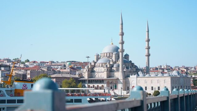 New Mosque or Valide Sultan Mosque on the other side of Golden Horn strait. The best Istanbul sights and historical landmarks