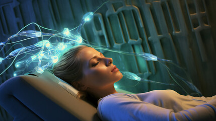 Woman on Bioresonance therapy session. Generative AI. 