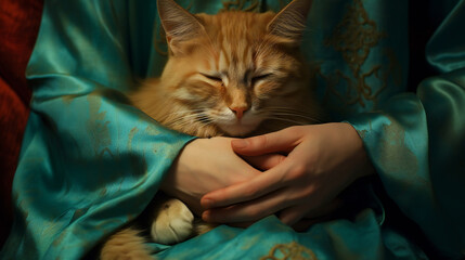 Cat resting and purring on a woman's lap. Cat-assisted therapy for a girl. Generative AI. 