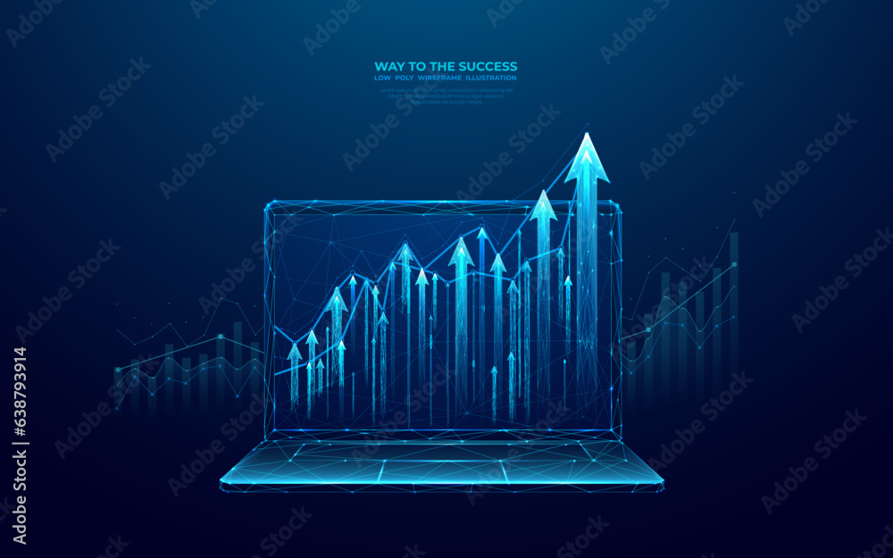 Aufkleber Abstract growing graph chart on a laptop screen. Digital arrows up and diagram. Investment or business strategy. Low poly wireframe vector illustration on technology blue background. Finance growth.