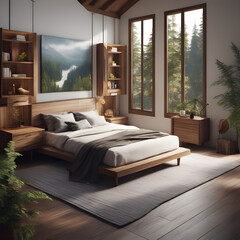 Fototapeta premium Natural bedroom Lost in forest – Lifestyle (ai generative)