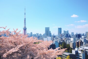 桜の咲く都市の町並み
