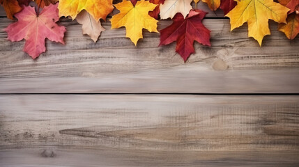 Naklejka na ściany i meble Wooden background with colorful autumn leaves and berries. Generative AI.
