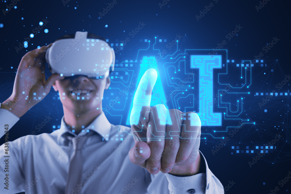 Poster attractive man with vr glasses using glowing digital polygonal ai hologram on dark background. artif