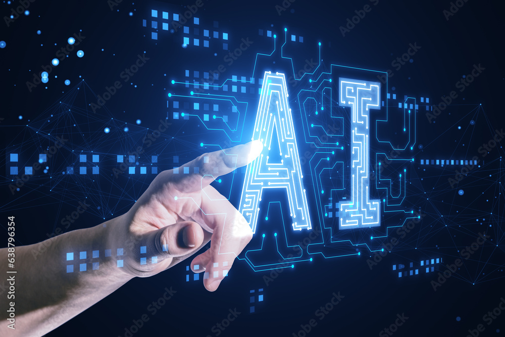 Poster close up of male hand pointing at glowing digital polygonal ai hologram on dark background. artifici