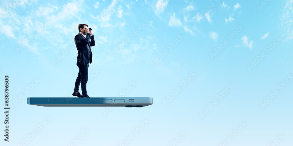 Poster user experiences for mobile concepts. young businessman with telescope standing on huge flying smart