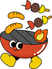 Groovy bbq grill character camping illustration