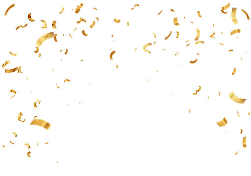 Falling isolated Gold Confetti. Glossy golden festive tinsel.