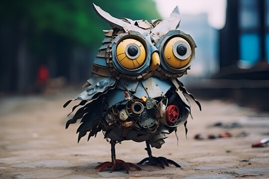 The sculpture of owl made up of scrap metal standing in the street, illustration generated AI, style of destroyed gadgets sculptures, industrial machinery aesthetics, apocalyptic collage, cartoon