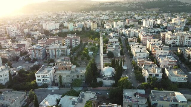 Aerial view of a mosque and its minaret