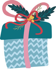 Christmas gift with leaves and berries decor. Festive trendy composition. Hand drawn modern vector isolated clipart