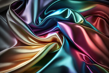 Dark rainbow colors abstract shiny plastic silk or satin wavy background. Generative AI.