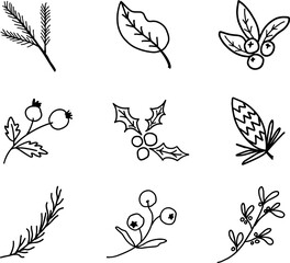 Set of Christmas florals. Festive black outline decorative leaves, flowers and branches. Hand drawn modern vector isolated clipart