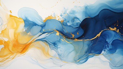 Luxury abstract fluid art painting background alcohol ink technique blue and yellow