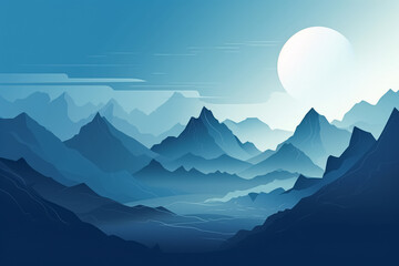 Flat style abstract minimalistic aesthetic mountains landscape background. Blue color shades.