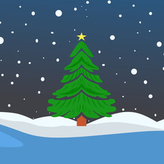 Animated Christmas tree vector background with snowfall