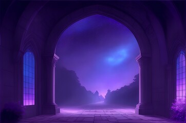 Photo of an enchanting archway leading to a mesmerizing purple sky adorned with countless twinkling stars