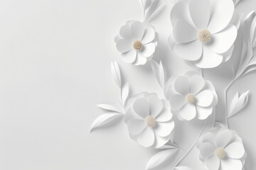 Fototapeta na wymiar White paper abstract 3D flowers background. Beautiful romantic floral design. Generative AI.