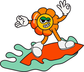 Groovy flower character with surfboard sport illustration