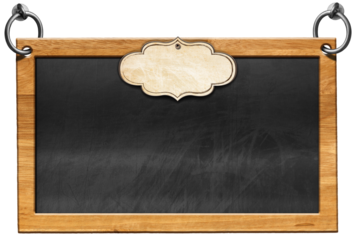 Old empty blackboard with wooden rectangular frame and blank label. Steel rings for hanging. Isolated on white or transparent background and copy space, template. Png.
