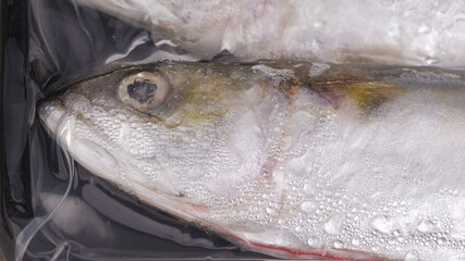Close-up top view, Frozen fish in plastic wrap is thawing.