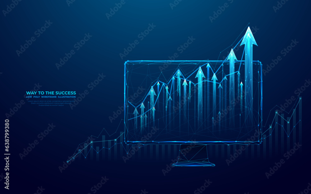 Leinwandbilder Abstract growing graph chart on a computer monitor screen. Finance growth. Digital arrows up and diagram. Investment or business strategy. Low poly wireframe vector illustration on a blue background.