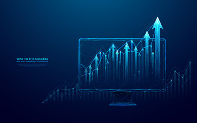 Abstract growing graph chart on a computer monitor screen. Finance growth. Digital arrows up and diagram. Investment or business strategy. Low poly wireframe vector illustration on a blue background. - obrazy, fototapety, plakaty