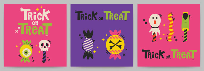 Halloween. Greeting cards or posters set with calligraphy, trick or treat.