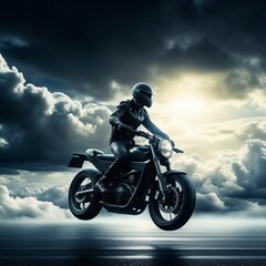 Riding an all-black motorcycle against a cloud background
