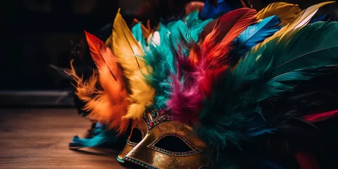Rolgordijnen Concept of a joyful, joyous carnival including a trumpet mask. Carnival costume. Generative Ai. © Planum