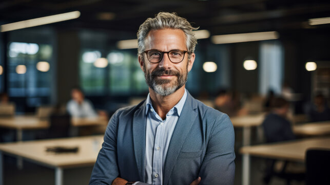 Seasoned entrepreneur in his 50s stands confidently in his well-organized office, arms crossed