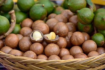 Macadamia nuts slide whole and chopped background