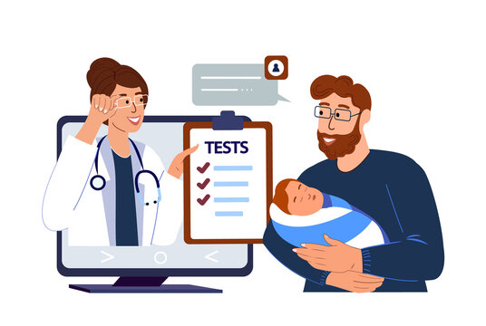 Father with newborn take Consultation of Pediatrician online.Video call with doctor.Caring Father Dundle his Baby.Online Hospital.Conversation with Doctor.Home Medical Consultation.Vector Illustration