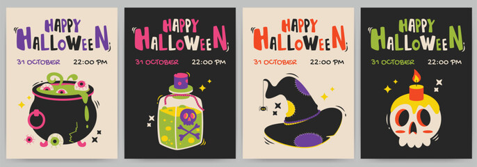 Halloween party. Greeting cards or posters set with calligraphy, hat, potion.