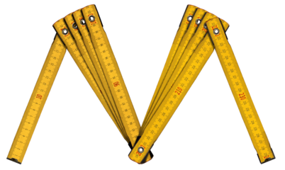 Yellow old wooden folding ruler in the shape of letter M. Meter, unit of length. Isolated on white or transparent background. Png.